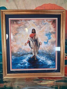 Jesus Walking on Water Framed Art 27x24 Gold Wood Frame Signed 1991 Christian